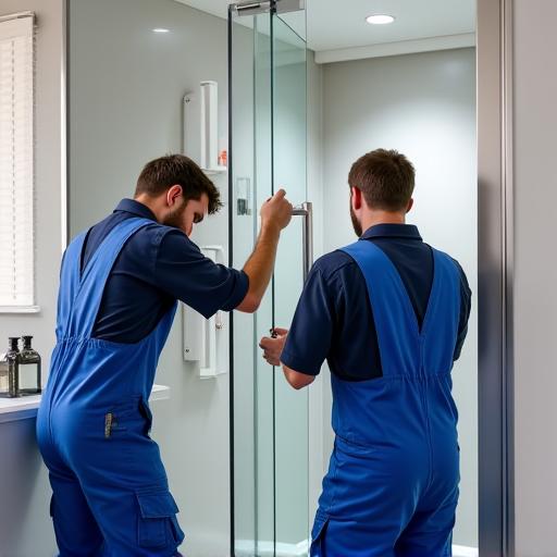 Installers fitting a custom shower screen in a modern bathroom.